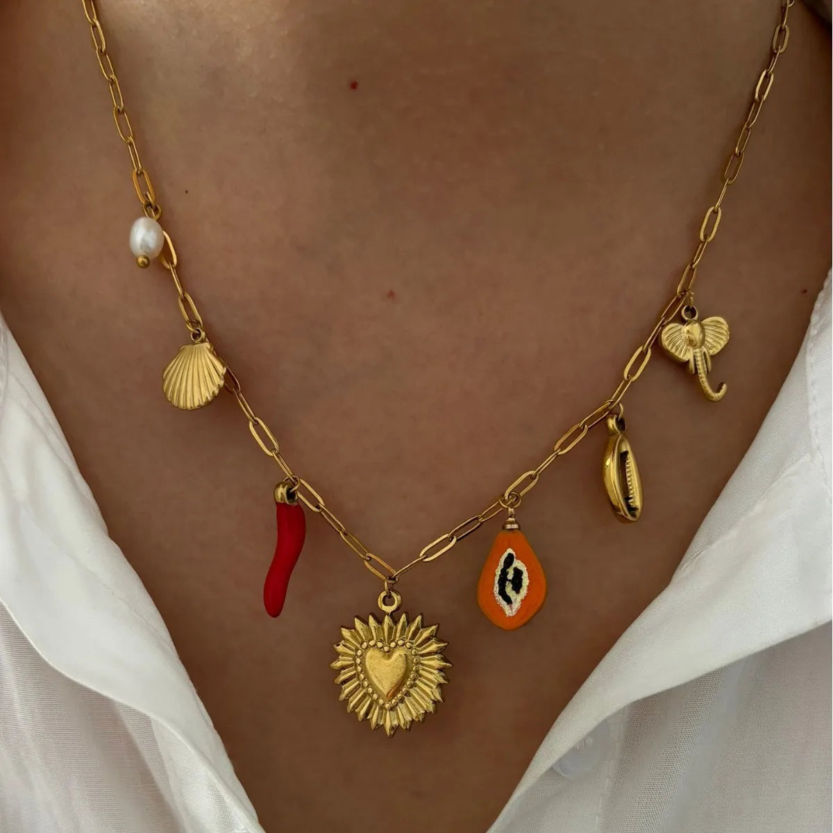 Collier Grigri Multi-Breloques « PALERMO » – Acier Inoxydable Or