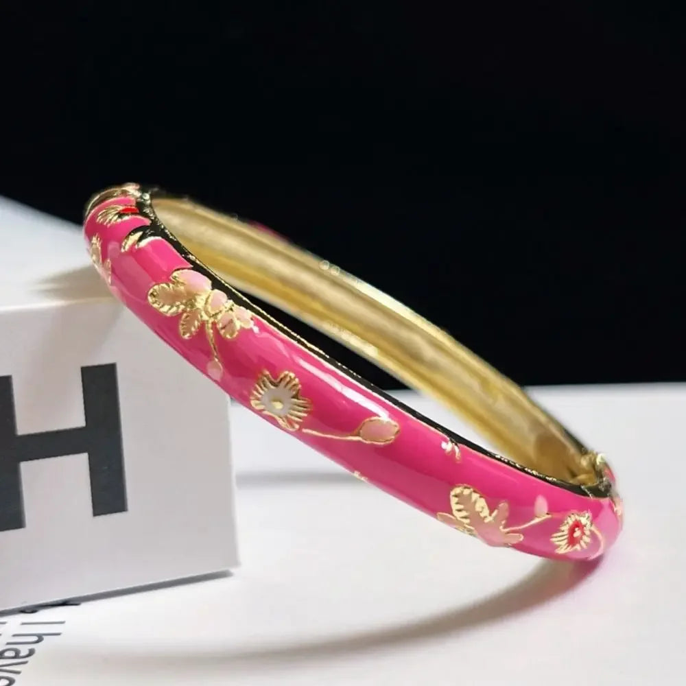 Bracelet Jonc Émaillé « CAPRI » – Fleurs d'Or &amp; Rose Fuchsia
