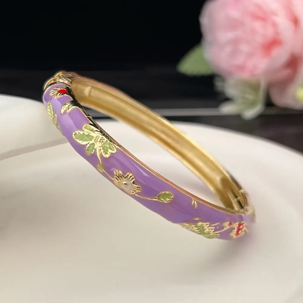 Bracelet Jonc Émaillé « POSITANO » – Violet Lilas &amp; Fleurs d'Or