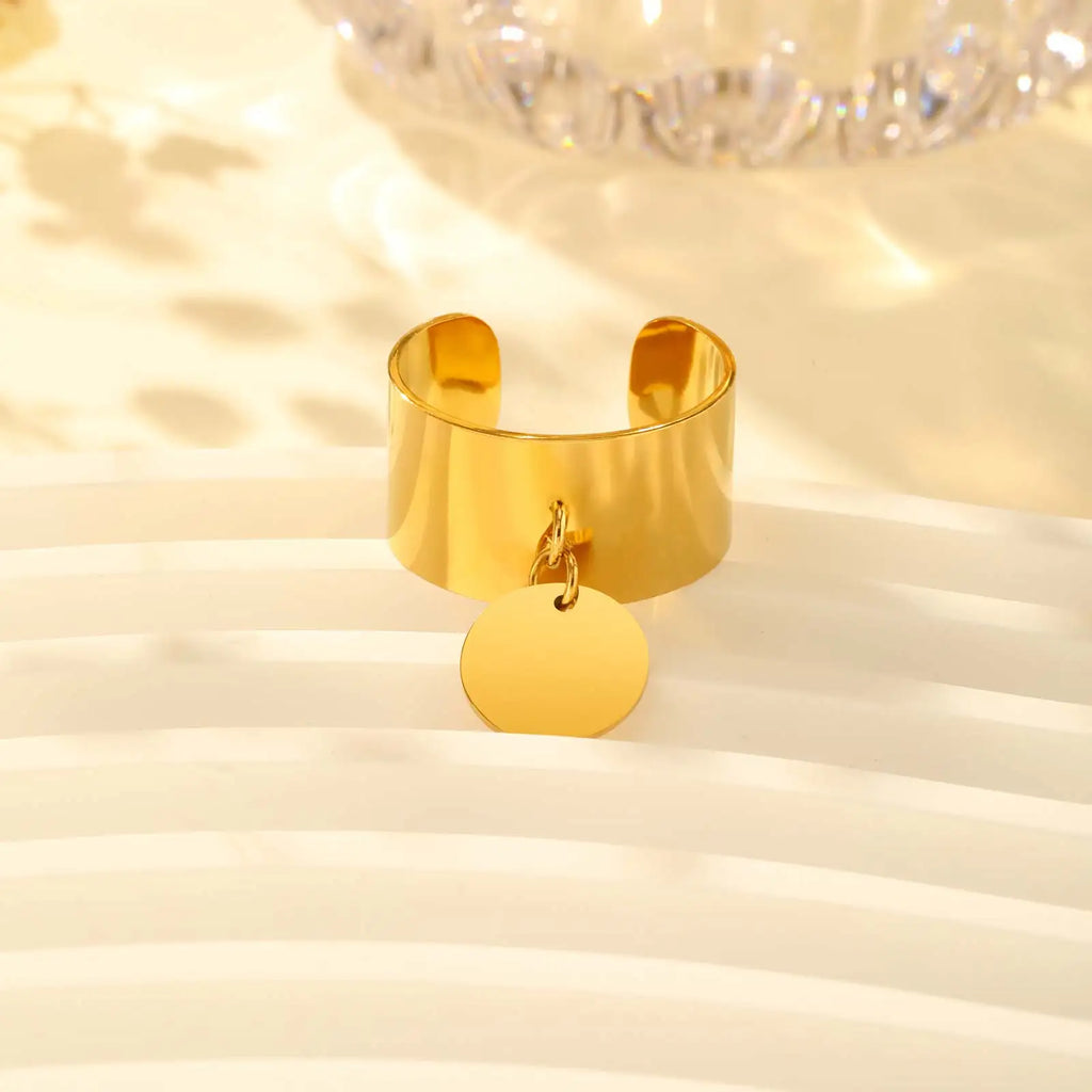 Bague Large À Pendentif « PALMA » – Anneau Ajustable &amp; Médaille Dorée
