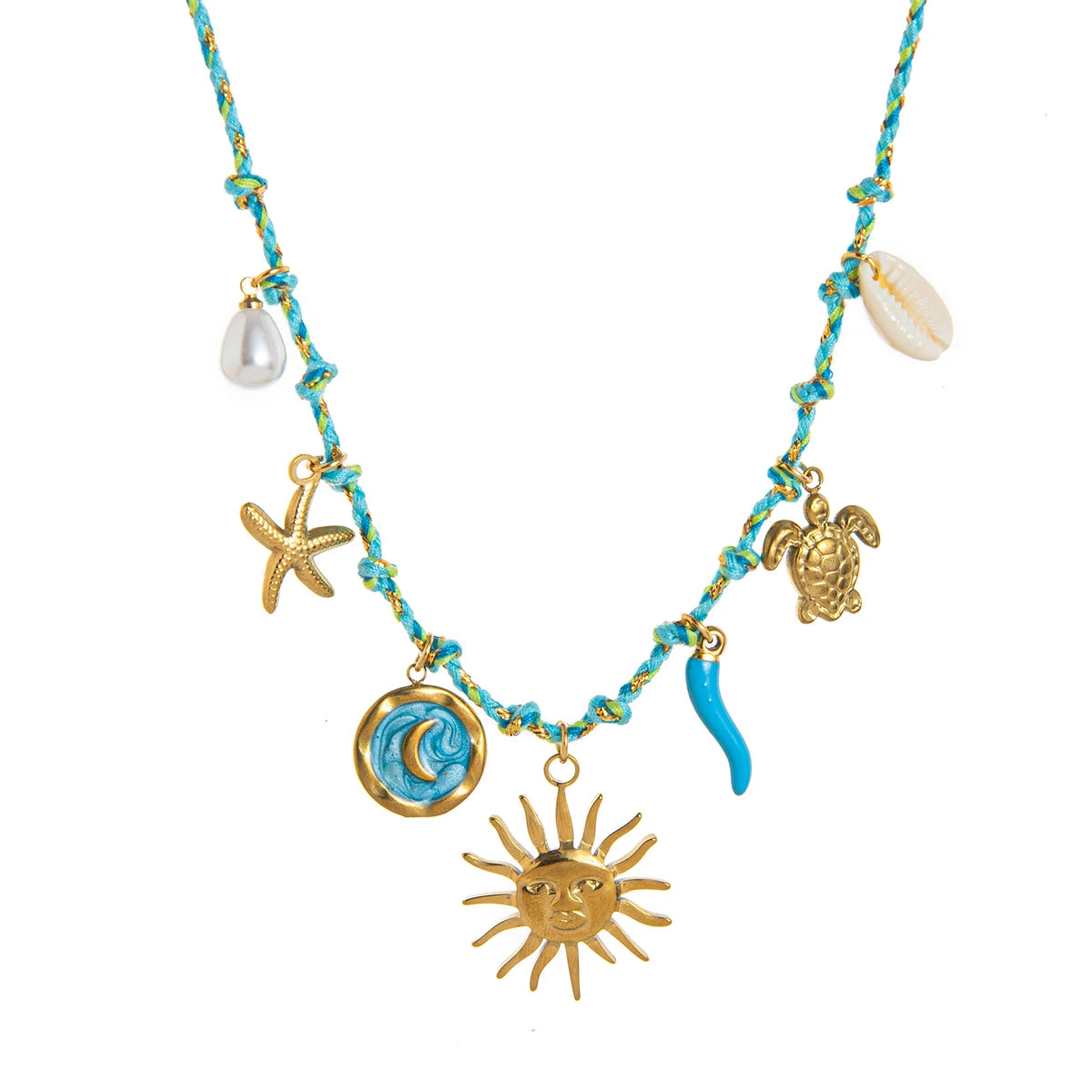 Collier Cordon Tressé Grigri « IBIZA » – Breloques Marine &amp; Or Fin