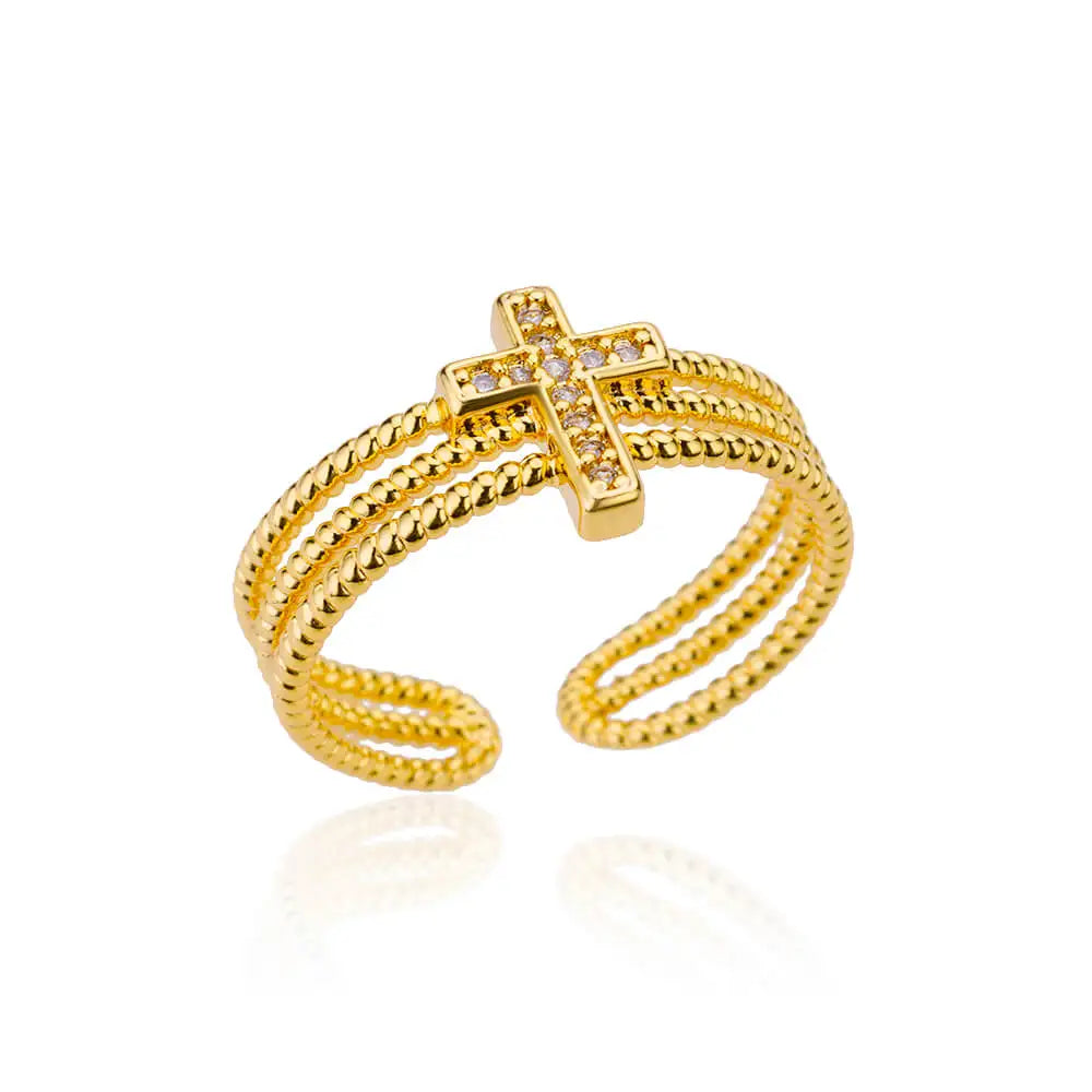 Bague Ajustable « MILANO » – Triple Rang Torsadé &amp; Croix Pavée