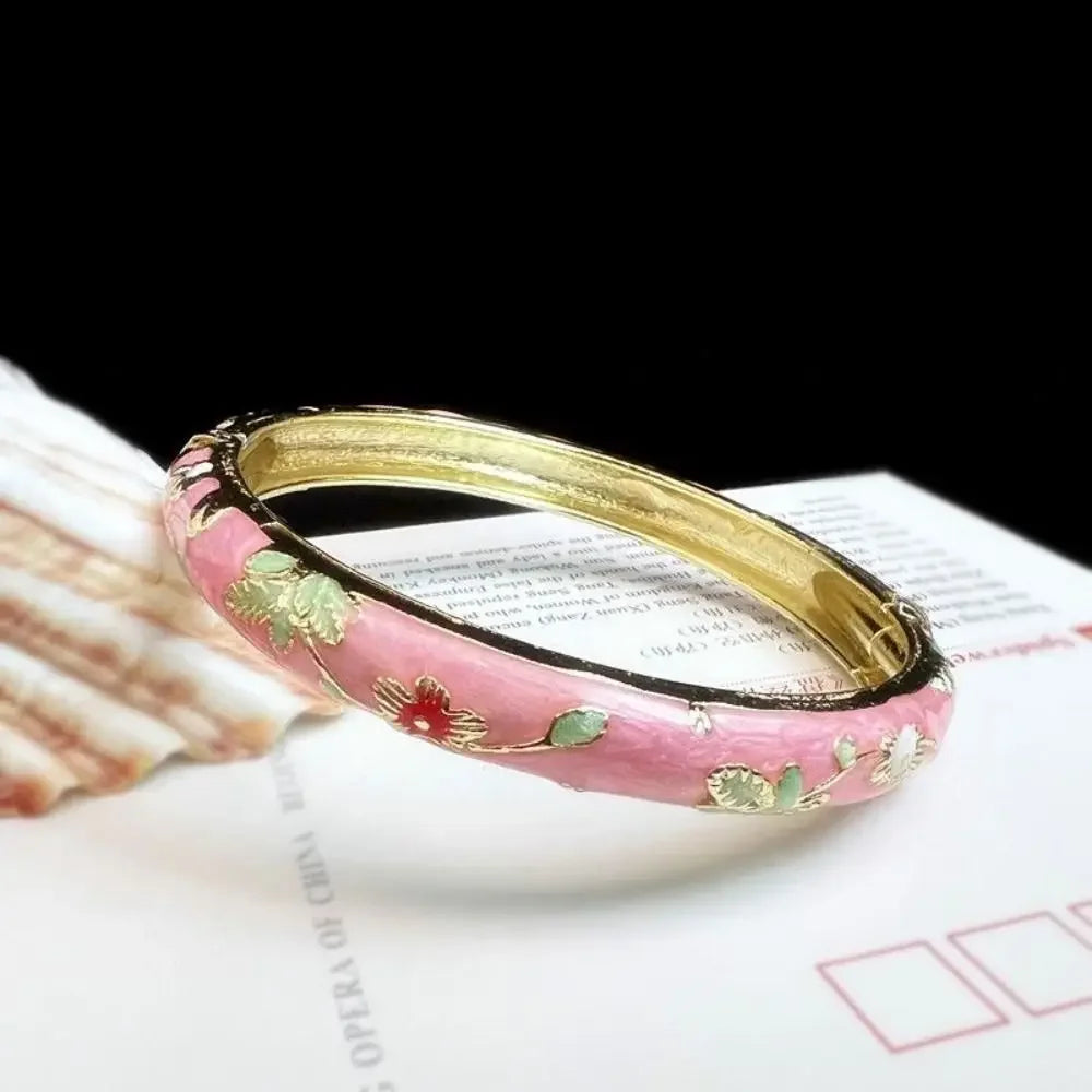 Bracelet Jonc Émaillé « SORRENTO » – Rose Poudré &amp; Arabesques d'Or